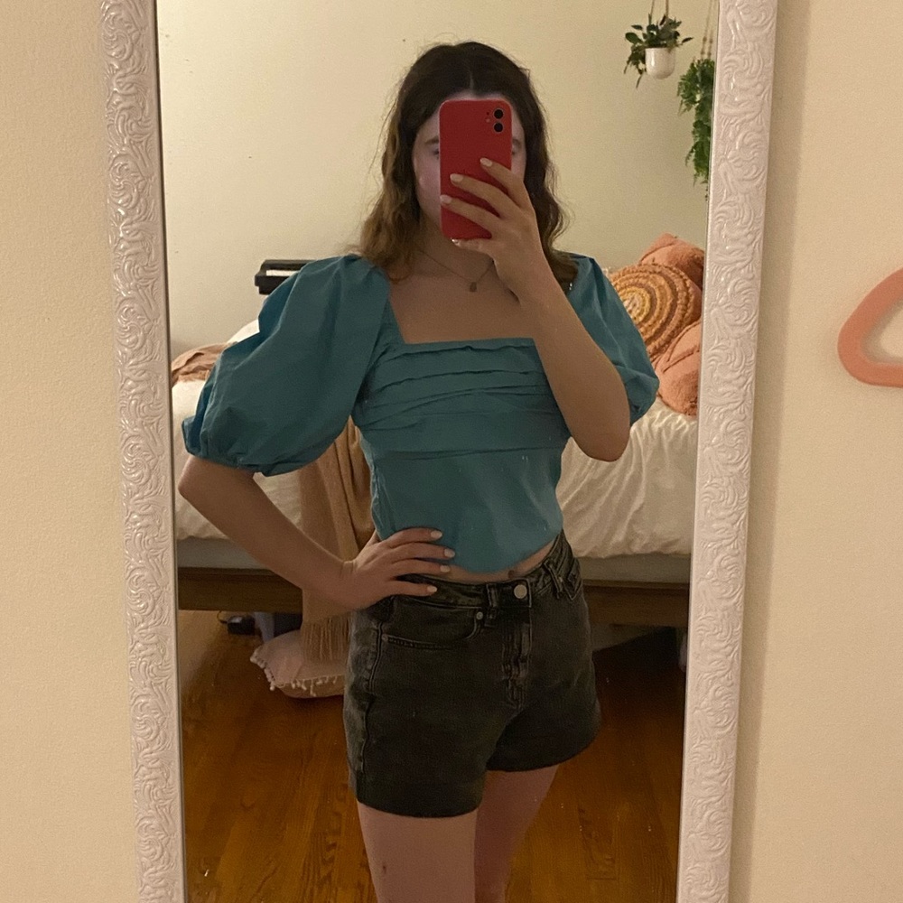 Abercrombie & Fitch Puff Sleeve Poplin Square Neck Top